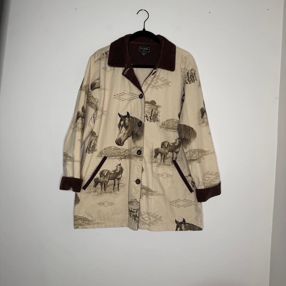 Vintage Bit & Bridle Western Horse Print Barn Jacket Tan Corduroy Trim Sz Large